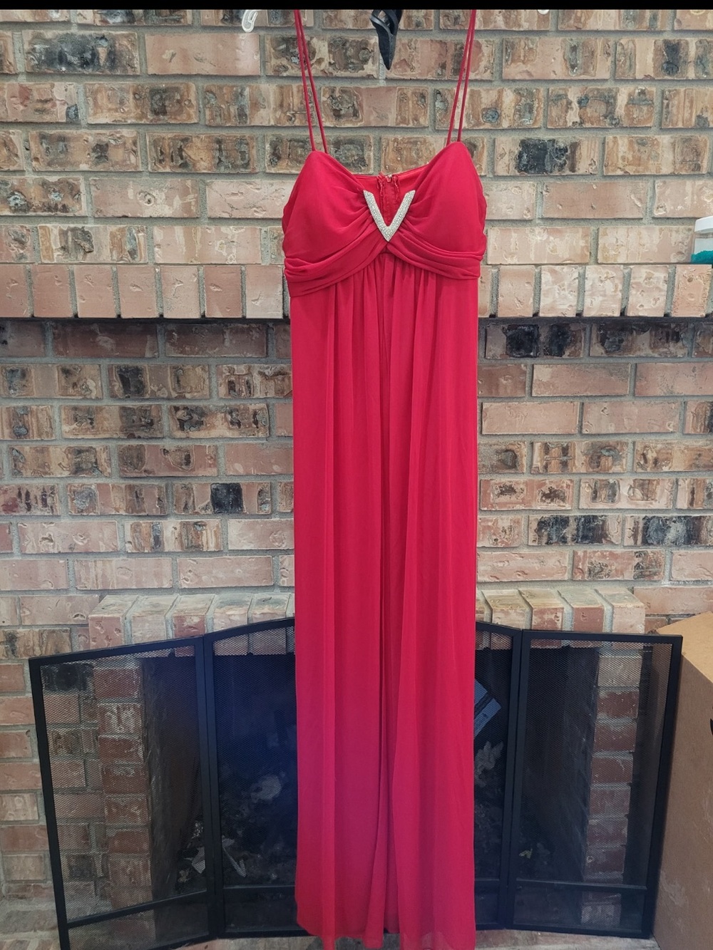 Red Maxi Evening Dress with Rhinestone V Detail